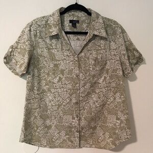 Erika Light Olive Green and White Short Sleeve Button-Down Shirt